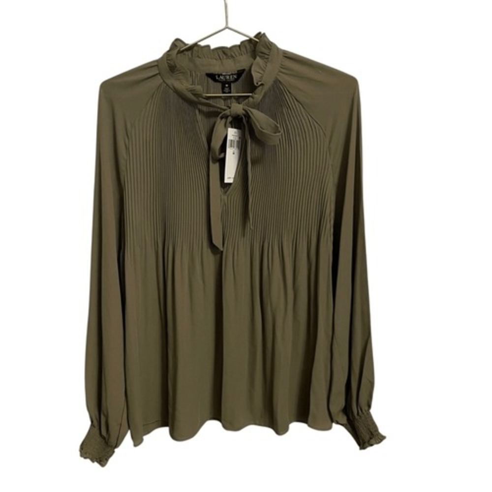 Lauren Ralph Lauren Olive Green Pleated Tie Neck Blouse Smocked Cuff NWT M